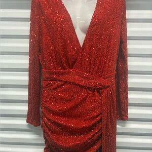 Fashion Nova Red Sequin Long Sleeve Dress